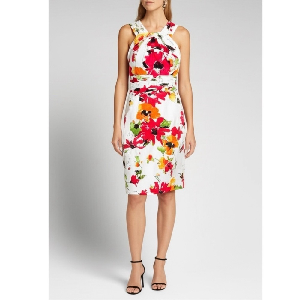 Adrianna Papell White Multi Garden Floral Sheath Dress Sleeveless Lined Women 4